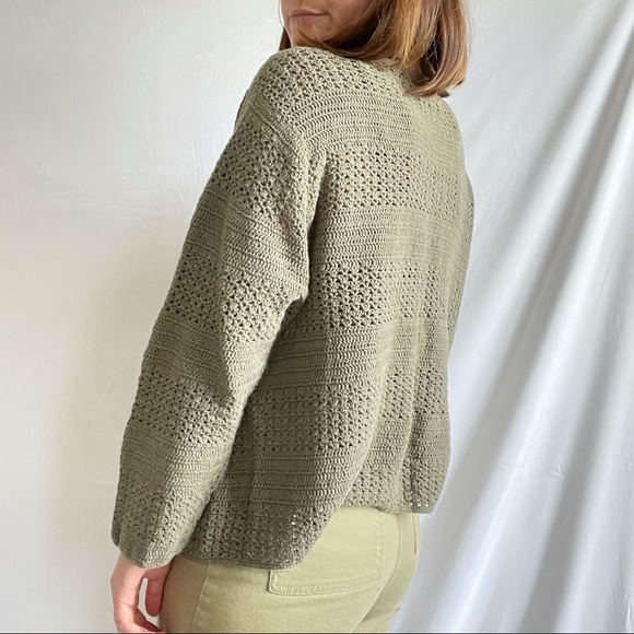 EDDIE BAUER | Vintage Olive Green Crochet Knit Cropepd Cardigan Sz XL - Picture 5 of 8
